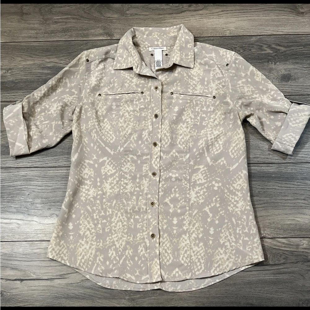 Calvin Klein Womens Blouse Shirt -Roll Tab Sleeve - Button Down Gray Size Small